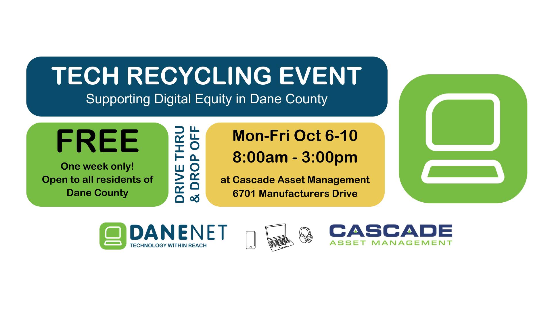 Free e-Cycling Event on October 6-10, 2025 at Cascade Asset Management in Madison to support Digital Inclusion Week